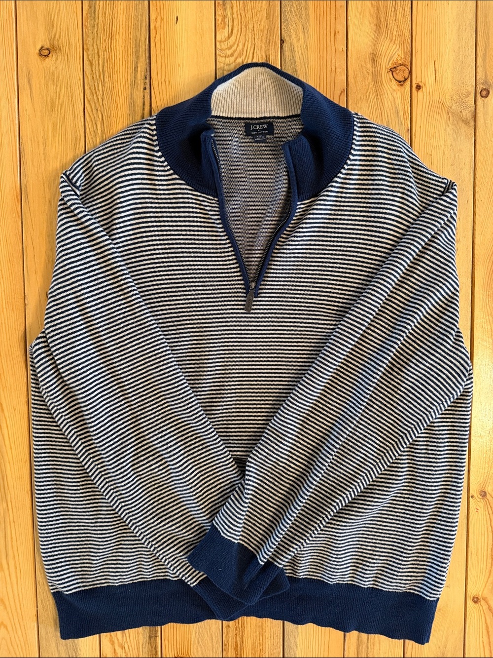 J. Crew Men's Navy and White Striped Quarter-Zip Sweater